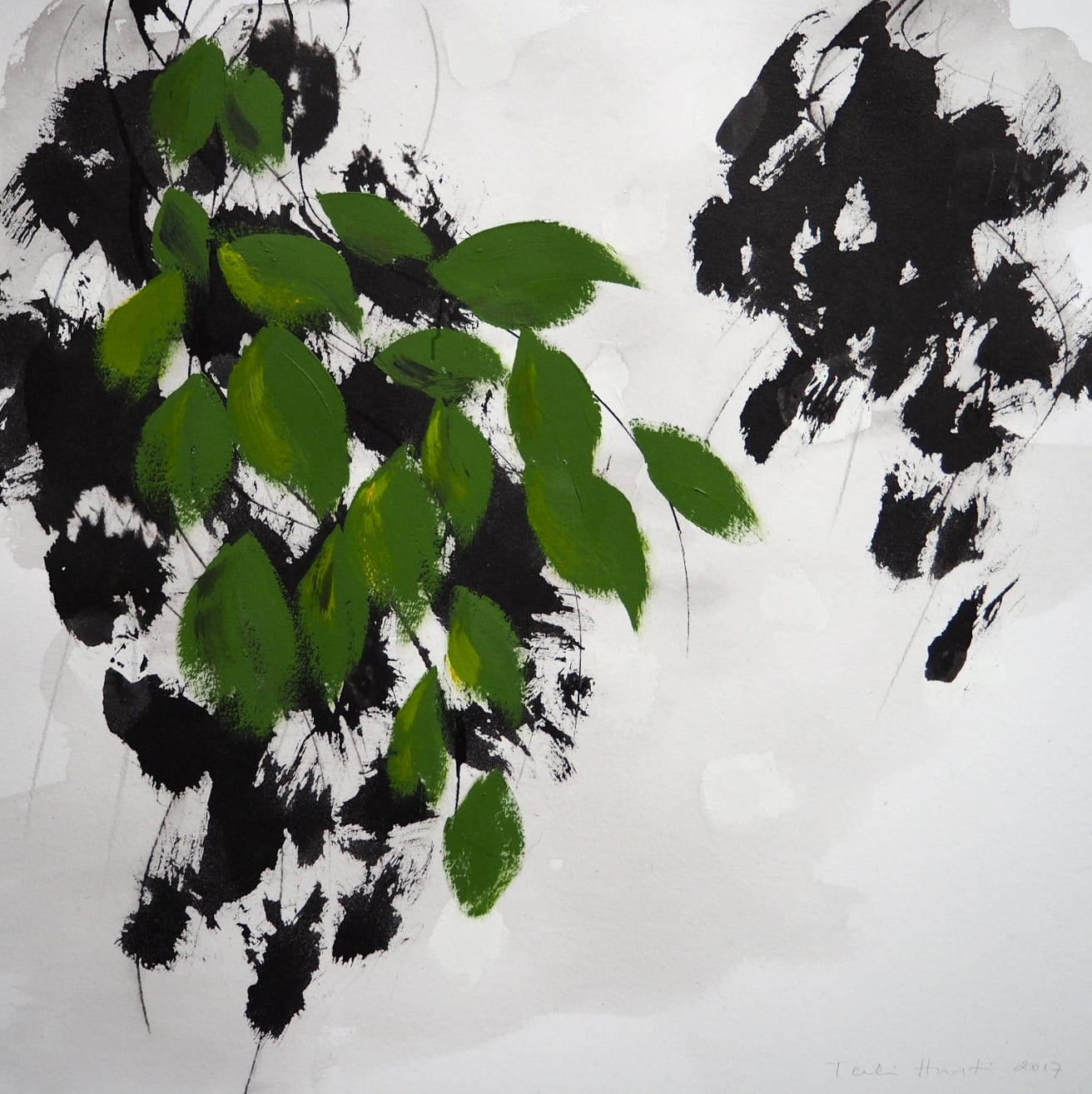 1. Hetken aikaa I, 660 x 650mm, 2017, sekatekniikka paperille: grafiitti, gesso, muste ja akryylimaali, 680€